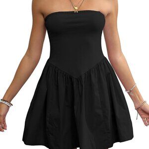 Women Mini Dress Strapless Cotton Spandex Summer Beach A Line Flowy